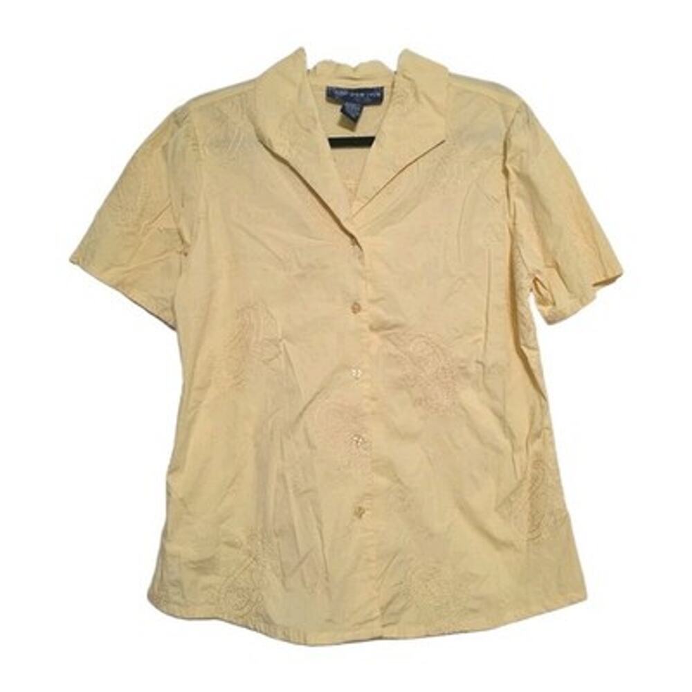 Vintage Butter Yellow Embroidered Cottagecore Top Womens M Button Up Boho Floral